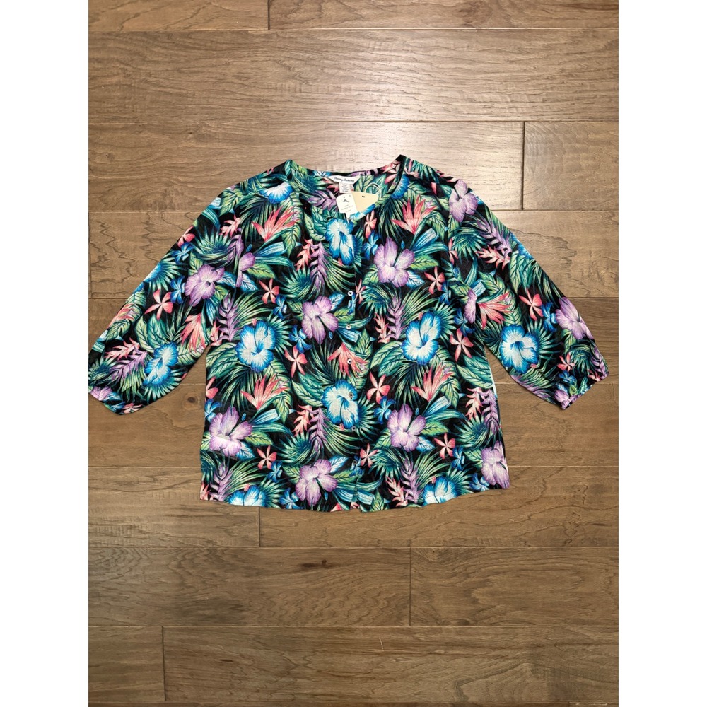 NWT Tommy Bahama Isla Tropical Blouse Women S Black Cotton Floral 3/4 Sleeve Top